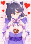  1girl absurdres ahoge animal_ear_fluff ankomochi142 black_hair blue_archive blush breasts candy chocolate chocolate_on_body chocolate_on_breasts cleavage commentary_request detached_collar fingernails food food_on_body four-finger_heart_hands heart heart-shaped_chocolate heart-shaped_food heart_hands heart_in_heart_hands highres japanese_clothes kaguya_(blue_archive) kimono large_breasts looking_at_viewer missing_halo nail_polish neck_ribbon obi purple_kimono purple_ribbon ribbon sash solo sweatdrop upper_body valentine wrist_cuffs yellow_eyes 