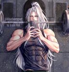  1boy abs alternate_costume alternate_hairstyle bare_arms bare_shoulders black_tank_top commentary english_commentary final_fantasy final_fantasy_vii green_eyes grey_hair high_ponytail holding holding_phone long_hair male_focus monsterbf1ilove muscular muscular_male one_eye_closed parted_bangs phone ponytail selfie sephiroth solo straight-on tank_top twitter_username upper_body weights 