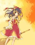  :o bare_shoulders black_hair bow broom detached_sleeves frills hair_bow hakurei_reimu hidari_(coletica) ribbon sarashi skirt solo sunset touhou yellow_eyes 