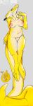 absurd_res anthro blush body_blush breast_blush breasts debra_(deltav) doublespace female furgonomic_piercing furgonomics genitals grey_background hi_res kokopelli medium_breasts navel nipples nude piercing reptile scalie simple_background simple_coloring slightly_chubby slightly_chubby_anthro snake snake_hood solo tail vulva vulva_blush yellow_body