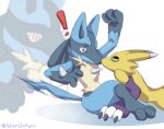 3_fingers anthro armwear artist_name bandai_namco black_body black_fur black_nose black_sclera blue_body blue_eyes blue_fur boop bridal_gauntlets cheek_tuft claws clothing colored confusion countershade_torso countershading crossover digimon digimon_(species) duo ears_back ears_up exclamation_point facial_tuft female fingers fur generation_4_pokemon happy kissing larger_female long_ears looking_at_another lucario lying male motion_lines nintendo nose_boop nose_kiss on_front onomatopoeia pivoted_ears pokemon pokemon_(species) purple_body purple_clothing purple_fur red_eyes renamon romantic romantic_couple shaded shadow shocked simple_background sitting size_difference smaller_male sound_effects spikes spikes_(anatomy) spiral spiral_eyes starsineyes surprised tail tail_motion tailwag tan_body tan_fur text tuft white_body white_countershading white_fur yellow_body yellow_fur