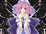  ayase_hazuki bow bug butterfly butterfly_wings hands_clasped hat head_tilt insect japanese_clothes kimono large_bow looking_at_viewer own_hands_together pink_hair red_eyes saigyouji_yuyuko short_hair solo touhou upper_body wings 