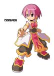  1girl belt black_belt black_pants black_shoes champion_(ragnarok_online) character_name clenched_hand closed_mouth coat copyright_name fighting_stance full_body legs_apart official_art open_clothes open_coat pants pelvic_curtain pink_eyes pink_hair pink_shirt ragnarok_online shirt shoes short_hair simple_background sleeveless sleeveless_coat sleeveless_shirt socks solo standing white_background white_coat white_socks wristband yuichirou 