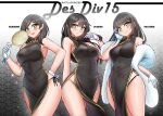  3girls absurdres alternate_costume black_dress breasts brown_eyes character_name china_dress chinese_clothes commentary dress english_commentary fang feather_boa gloves green_eyes hayashio_(kancolle) highres kantai_collection katou_shinobu kuroshio_(kancolle) long_hair medium_breasts multiple_girls oyashio_(kancolle) panties short_hair side-tie_panties sleeveless sleeveless_dress underwear white_gloves 