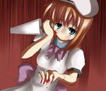  blood blue_eyes brown_hair hat hatchet highres higurashi_no_naku_koro_ni nose_hatchet ryuuguu_rena shi_ecchi solo 