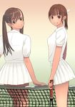  brown_eyes brown_hair copyright_request kiriman_(souldeep) long_hair multiple_girls racket skirt sport tennis tennis_dress tennis_net tennis_racket 