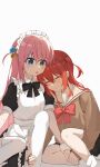  2girls absurdres apron black_bow black_bowtie black_dress black_skirt blue_eyes blush bocchi_the_rock! bow bowtie brown_sweater choppy_bangs closed_eyes closed_mouth commentary_request cube_hair_ornament dress gotoh_hitori hair_between_eyes hair_ornament head_on_another's_shoulder highres holding_hands kita_ikuyo long_hair maid maid_apron maid_headdress multiple_girls one_side_up open_mouth pink_hair pleated_skirt raised_inner_eyebrows red_bow red_bowtie red_hair sailor_collar school_uniform serafuku simple_background sitting skirt sleeping sleeping_upright straight_hair summerwood_000 sweater very_long_hair white_apron white_background white_sailor_collar yuri 