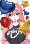  1girl balloon blue_eyes blush bocchi_the_rock! breasts commentary_request gotoh_hitori grid_background hair_between_eyes heart_balloon highres jacket kessoku_band_t-shirt long_hair looking_at_viewer ml_18_012 open_clothes open_jacket parted_lips pink_hair pink_jacket solo star_balloon tareme track_jacket upper_body white_background 