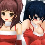  blue_eyes blue_hair blush breasts brown_eyes christmas cleavage kujikawa_rise medium_breasts mizuno_kakeru multiple_girls persona persona_4 red_hair santa_costume shirogane_naoto 