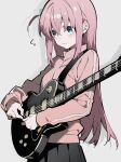  1girl absurdres blue_eyes blush bocchi_the_rock! closed_mouth commentary cowboy_shot cube_hair_ornament ear_blush electric_guitar flying_sweatdrops gibson_les_paul gotoh_hitori grey_background guitar guitar_strap hair_between_eyes hair_ornament hatsutahaku highres instrument jacket long_hair long_sleeves looking_ahead one_side_up pink_hair pink_jacket shadow simple_background skirt solo track_jacket untranslatable_commentary 