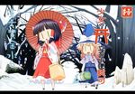  blonde_hair chibi forest hakurei_reimu kirisame_marisa letterboxed multiple_girls nature oriental_umbrella snow touhou umbrella yamazaki_mitsuru |_| 