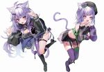  2girls ahoge animal_ear_fluff animal_ears asymmetrical_legwear asymmetrical_sleeves beret black_jacket black_shirt blush boots breasts cat_ears cat_girl closed_mouth collared_shirt commentary_request cropped_shirt dual_persona fishnet_sleeves fishnets flower garter_straps hair_between_eyes hair_ornament hairpin hat hat_flower holding_hands hololive jacket kneehighs lace-up_boots large_breasts long_hair looking_at_viewer mismatched_legwear mismatched_sleeves multiple_girls nekomata_okayu nekomata_okayu_(gyaru) nekomata_okayu_(poisonya_syndrome) official_alternate_costume official_alternate_hair_length official_alternate_hairstyle open_mouth purple_eyes purple_flower purple_hair purple_jacket purple_rose purple_socks rose sample_watermark see-through_clothes see-through_sleeves shirt sleeveless sleeveless_shirt smile socks tako_8_yaki tongue tongue_out virtual_youtuber watermark 