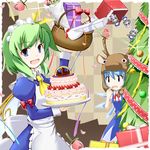  2girls alternate_costume animal_costume apron bad_id bad_pixiv_id basket blue_eyes blue_hair cake character_doll christmas christmas_tree cirno daiyousei enmaided flower food gift green_hair hair_ribbon izayoi_sakuya juliet_sleeves long_sleeves looking_at_viewer maid maid_headdress multiple_girls pastry petals puffy_short_sleeves puffy_sleeves reindeer reindeer_costume ribbon short_hair short_sleeves side_ponytail touhou tsuyuki_(yukitgraph) 