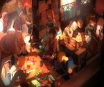  6+boys bad_id bad_pixiv_id card fantasy holding holding_card light lying_card multiple_boys multiple_girls original restaurant shop tanu 