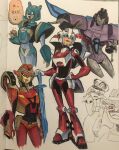  airplane_wing arcee autobot blue_eyes colored_skin decepticon flareup glyph_(transformers) grey_skin hand_on_own_hip helmet highres horns humanoid_robot insignia mechanical_wings multiple_girls photo_(medium) pink_lips purple_lips red_eyes robot robot_girl science_fiction shenani slipstream_(transformers) sword transformers transformers:_animated weapon wheel wings 