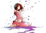  aoki_shin barefoot blue_eyes feet gradient_hair green_hair midriff multicolored_hair original pajamas petals sad short_hair sitting solo tears torn_clothes wariza wind 