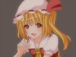  blonde_hair flandre_scarlet hands hat hidari_(coletica) no_nose one_side_up open_mouth pinky_out red_eyes sexually_suggestive smile solo touhou 