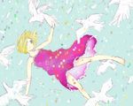  arakawa_(aintnoroom) barefoot bird blonde_hair blue_eyes dress falling feet original sketch solo sundress 