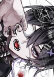  1boy black_hair black_nails black_shirt commentary_request double-parted_bangs ear_piercing hair_between_eyes hair_ornament hand_up highres kaminoq looking_at_viewer male_focus nail_polish open_mouth original piercing portrait purple_eyes shirt short_hair sideways simple_background solo tongue_piercing watermark white_background 
