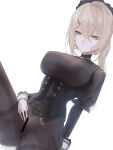  0bsessi0n 1girl black_corset blonde_hair bodysuit breasts buttons censored commentary corset double-breasted expressionless girls'_frontline girls'_frontline_2:_exilium green_eyes hair_between_eyes hair_ornament hairclip highres leg_up light_frown medium_breasts medium_hair ponytail see-through_clothes sextans_(girls'_frontline_2) solo 