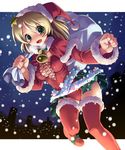  bell blonde_hair christmas green_eyes katahira_masashi original sack santa_costume snow solo thighhighs 