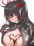  1girl absurdres areola_slip black_bodysuit black_hair black_halo blue_archive blunt_bangs blush bodysuit breasts bright_pupils chocolate chocolate_on_body chocolate_on_breasts cleavage commentary covered_nipples food_on_body hair_between_eyes hair_ornament halo highres impossible_bodysuit impossible_clothes large_breasts latex latex_bodysuit long_hair looking_at_viewer multicolored_halo nose_blush official_alternate_costume official_alternate_hairstyle ojiichan_(pixiv_123375248) open_bodysuit open_clothes open_mouth partially_unzipped ponytail red_eyes ringed_eyes rio_(armed)_(blue_archive) rio_(blue_archive) sidelocks simple_background skin_tight solo standing two-tone_halo upper_body valentine very_long_hair white_background white_pupils 