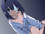  1girl absurdres bandaid bandaid_on_cheek bandaid_on_face breasts chomesuke_(maorisu_henkyo_haku) closed_mouth collarbone eyepatch fang gradient_background grey_background hair_intakes highres legs_together long_sleeves looking_at_viewer maorisu_henkyo_haku medical_eyepatch medium_hair naked_shirt original purple_eyes purple_hair shirt sitting sleeves_past_wrists small_breasts solo white_shirt 