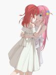  2girls :o absurdres arms_around_back blue_eyes blush bocchi_the_rock! bow commentary couple cube_hair_ornament dress dress_bow eye_contact feet_out_of_frame gotoh_hitori green_eyes hair_ornament hands_on_another's_shoulders highres kita_ikuyo long_hair looking_at_another multiple_girls parted_lips pink_hair red_hair simple_background sleeveless sleeveless_dress standing straight_hair summerwood_000 very_long_hair white_background white_bow white_dress yuri 