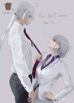  absurdres ak-15_(erwin)_(girls'_frontline) ak-15_(girls'_frontline) girls'_frontline highres long_hair necktie purple_eyes purple_shirt red_necktie rpk-16_(girls'_frontline) rpk-16_(renate)_(girls'_frontline) shirt short_hair suit tall_female white_hair white_shirt white_suit wo_lai_diaoguo_yu 