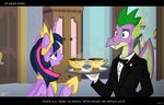  anthro anthrofied bow_tie butler canterlot cat_eyes crown cup dialog dragon duo english_text equine eye_contact fangs female feral friendship_is_magic gold green_eyes hair half-closed_eyes horn inside male mammal multi-colored_hair my_little_pony necklace plate princess purple_hair royalty scalie shoes slit_pupils spike_(mlp) steam text tuxedo twilight_sparkle_(mlp) wardrobe winged_unicorn wings wolfjedisamuel 