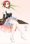  aozaki_touko boots breasts cleavage dated detached_sleeves dress full_body happy_birthday high_heels kamehima kara_no_kyoukai large_breasts mahou_tsukai_no_yoru red_eyes red_hair short_hair sitting solo thigh_boots thighhighs 