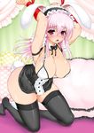  :o animal_ears arms_up bad_id bad_pixiv_id black_ribbon blush bra breasts bunny_ears bunny_girl bunny_tail buttons checkered cleavage collarbone curtains detached_collar large_breasts leaning_forward looking_at_viewer nitroplus nuttons open_mouth pillow pink_eyes pink_hair ribbon super_sonico sweat tail underwear uran_(uran-factory) 