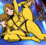  ass belt bodysuit boots breasts brown_eyes brown_hair cosmo_zero high_heels long_hair loose_belt medium_breasts mori_yuki science_fiction smile solo space_craft starfighter thighs uchuu_senkan_yamato uchuu_senkan_yamato_2199 yellow_bodysuit yuya 