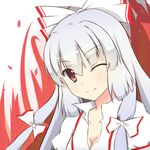  bow breasts cleavage collarbone fujiwara_no_mokou haidi hair_bow head_tilt looking_at_viewer medium_breasts one_eye_closed red_background red_eyes silver_hair smile solo touhou upper_body white_background 