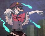  beret blue_eyes blue_hair cloud cloudy_sky fangs ghost graveyard hat jean_(jean_sp) jiangshi looking_at_viewer miyako_yoshika night ofuda open_mouth outstretched_arms shirt short_hair short_sleeves skirt sky solo touhou wide_sleeves zombie_pose 