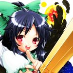  arm_cannon black_hair blush bow cape feathers hair_bow long_hair momoiro_manjiryuu open_mouth pointing red_eyes reiuji_utsuho smile touhou weapon wings 