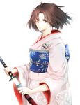  brown_eyes brown_hair japanese_clothes kara_no_kyoukai katana kimono nuko_(62ys18) obi ryougi_shiki sash sheath short_hair solo sword unsheathing weapon 