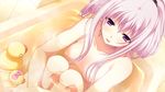  1girl bath game_cg miyamori_korone narumi_suzune purple_eyes purple_hair small_breasts tojita_sekai_no_tori_colony water 