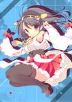  bare_shoulders black_hair black_legwear blue_background blush boots breasts brown_eyes detached_sleeves hairband haruna_(kantai_collection) japanese_clothes kantai_collection large_breasts long_hair miko open_mouth skirt smile solo thigh_boots thighhighs umino_mizu 