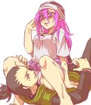  1boy 1girl flak_jacket lying mijinko_(83nabe) nara_shikamaru naruto on_back pink_hair purple_eyes sitting sitting_on_person tayuya 