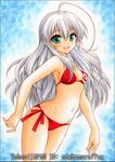  :d ahoge artist_name bare_shoulders bikini blush breasts green_eyes haiyore!_nyaruko-san huge_ahoge long_hair medium_breasts navel nightmare77zx nyarlathotep_(nyaruko-san) open_mouth side-tie_bikini silver_hair smile solo swimsuit traditional_media 