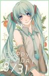  agisuke aqua_eyes aqua_hair bad_id bad_pixiv_id blue_eyes detached_sleeves happy_birthday hatsune_miku highres long_hair necktie solo twintails very_long_hair vocaloid 