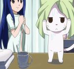  1girl animated animated_gif blue_hair blush brown_eyes cat charle_(fairy_tail) cleaning_up cup dressing exceed fairy_tail fanservice lowres mug nude smile talking toothbrush towel wendy_marvell wet white_fur white_hair 