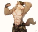  anthro armpits belt biceps big_muscles black_nose brown_eyes brown_fur bulge canine chest_tuft clothed clothing flexing fur gloves half-dressed hat licking looking_at_viewer male mammal muscles pants pecs pinup plain_background pose solo standing tan_fur toned tongue tongue_out topless tuft vetrowolf white_background wolf 