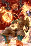  anthro armor beast biri blue_eyes brown_fur bulge canine chain claws duo fangs final_fantasy fire fur hair horn ifrit jewelry magic magic_circle male mammal necklace polearm red_hair solo staff tattoo video_games weapon wolf 