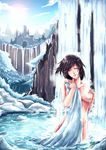  1girl bathing black_hair breasts castle closed_eyes eyes_closed female forest highres kachima lens_flare nature nude original short_hair solo tattoo tower water waterfall 
