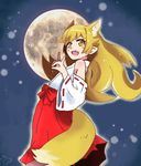  animal_ears bakemonogatari bare_shoulders blonde_hair detached_sleeves extra_ears fang fooring fox_ears fox_shadow_puppet fox_tail hakama japanese_clothes long_hair miko monogatari_(series) moon oshino_shinobu pointy_ears red_hakama ribbon_trim solo tail yellow_eyes 