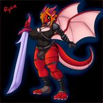  breasts bulge cleavage clothed clothing dickgirl dragon fishnet green_eyes horn intersex leotard looking_at_viewer red_dragon ryla scalie solo standing star sword unconvincing_armor weapon wings wyntersun yaita 