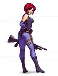  ass bare_shoulders blue_legwear boots breasts dino_crisis elbow_gloves fingerless_gloves gloves gun holster kaigetsudo leotard pantyhose pouch pump_action red_eyes red_hair regina short_hair shotgun solo spandex weapon 