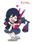  black_hair blush chibi closed_eyes heart highlights highres hug invimp kill_la_kill living_clothes matoi_ryuuko multicolored_hair open_mouth school_uniform senketsu shoes short_hair short_sleeves simple_background skirt streaked_hair teeth white_background 